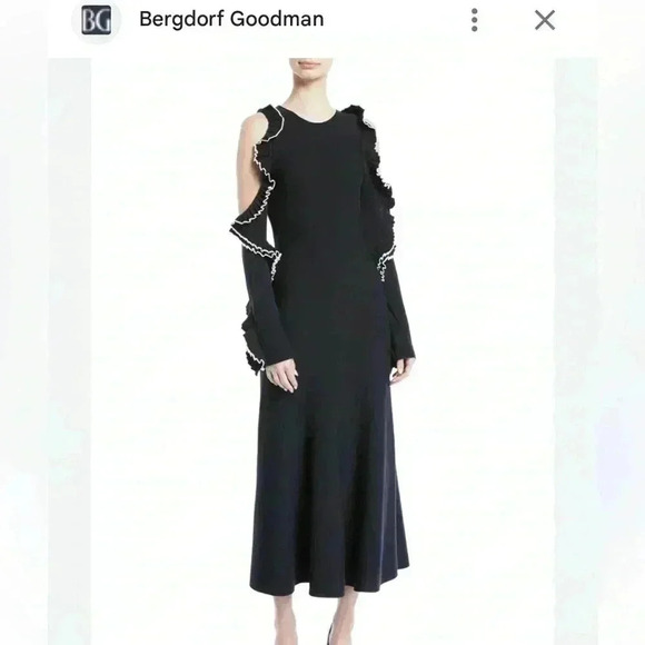 Oscar de la Renta Midi Dress XL Wool Black Cut Out Ruffle Long Sleeve Cocktail - Picture 11 of 16